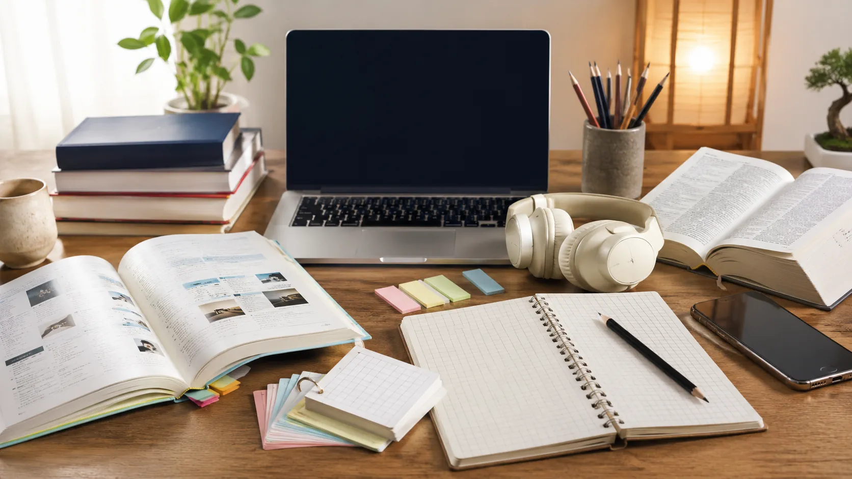 Mesa organizada com livro, notebook, fones e cartões para estudar japonês